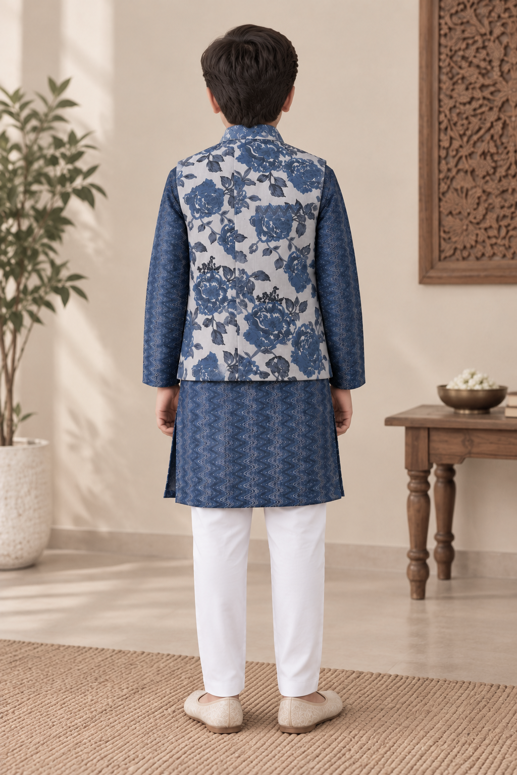 Boys Printed 100% Cotton Kurta with Trousers & Floral Nehru Jacket
