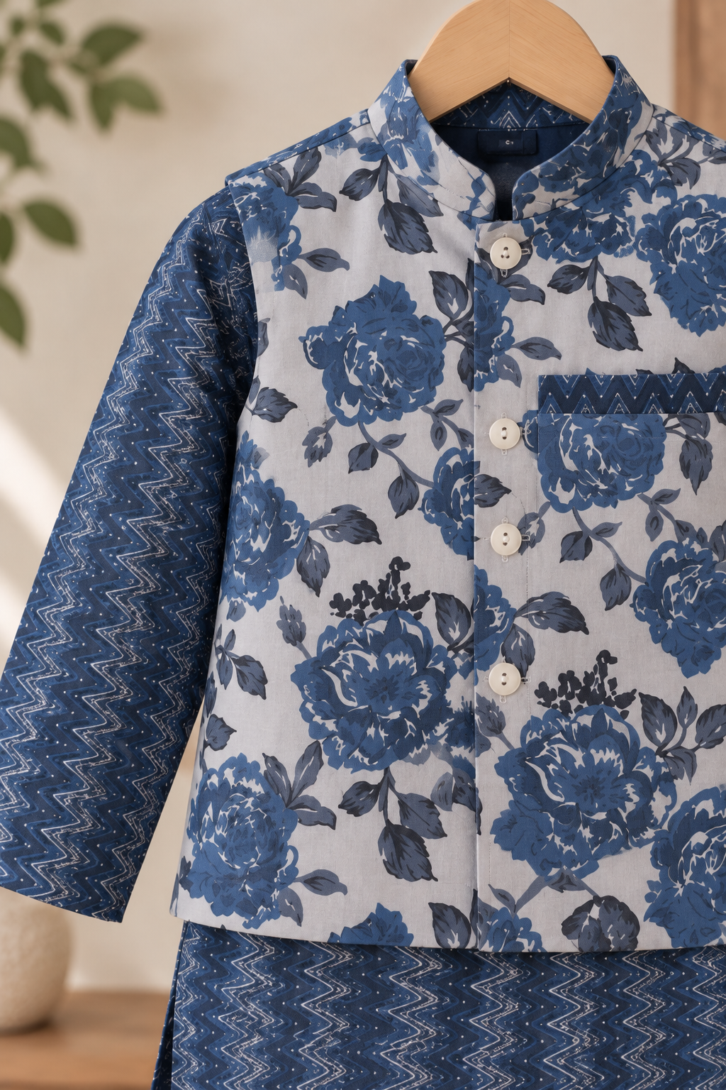 Boys Printed 100% Cotton Kurta with Trousers & Floral Nehru Jacket