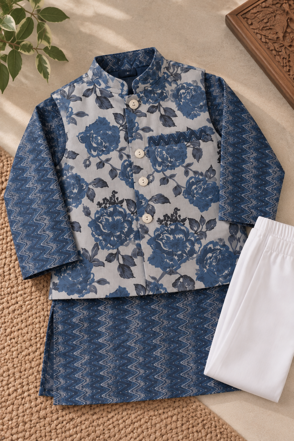 Boys Printed 100% Cotton Kurta with Trousers & Floral Nehru Jacket