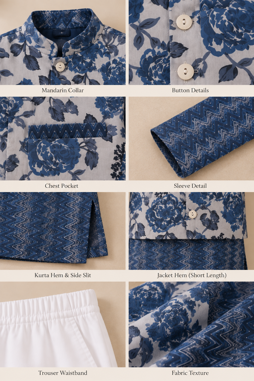 Boys Printed 100% Cotton Kurta with Trousers & Floral Nehru Jacket