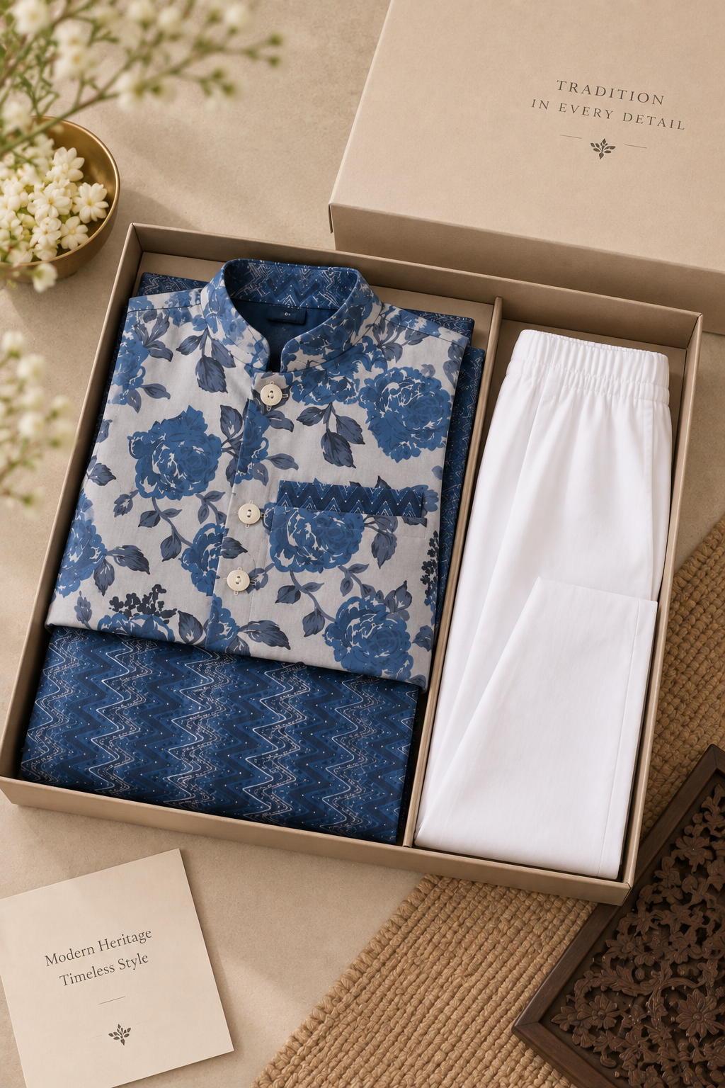 Boys Printed 100% Cotton Kurta with Trousers & Floral Nehru Jacket