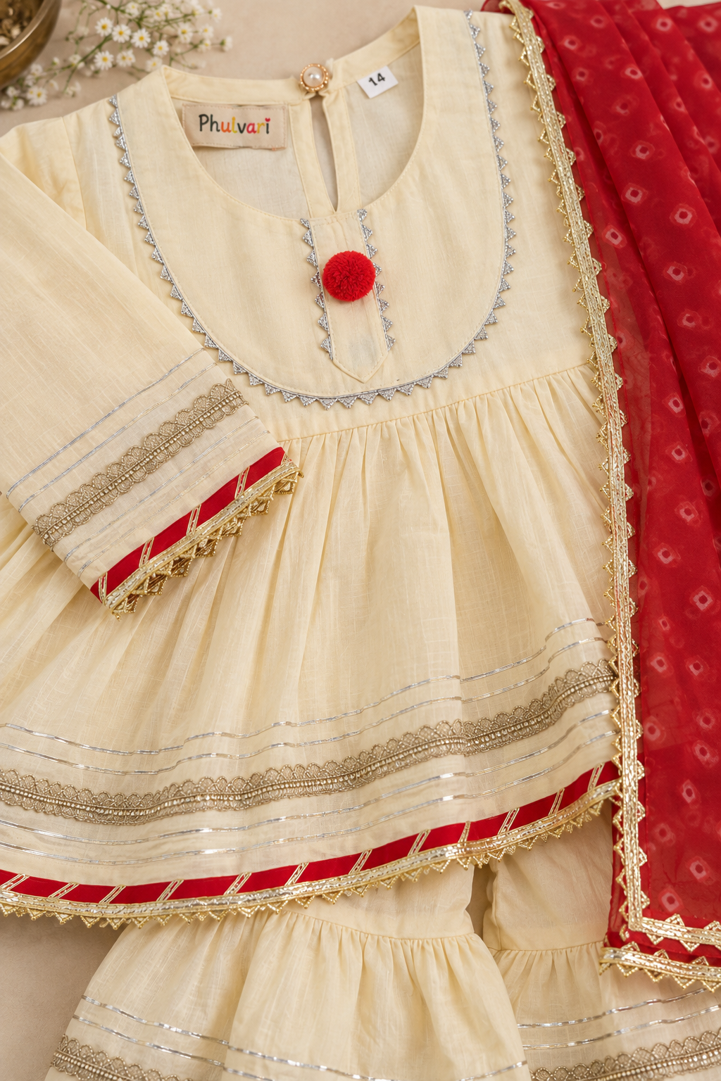 Girls Ivory & Red 100% Cotton Kurti with Sharara & Dupatta