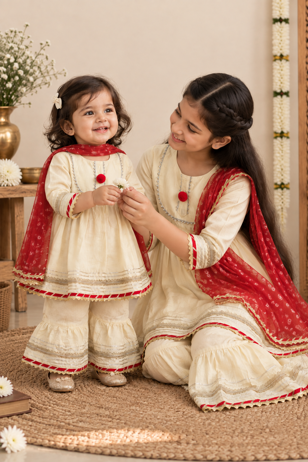 Girls Ivory & Red 100% Cotton Kurti with Sharara & Dupatta