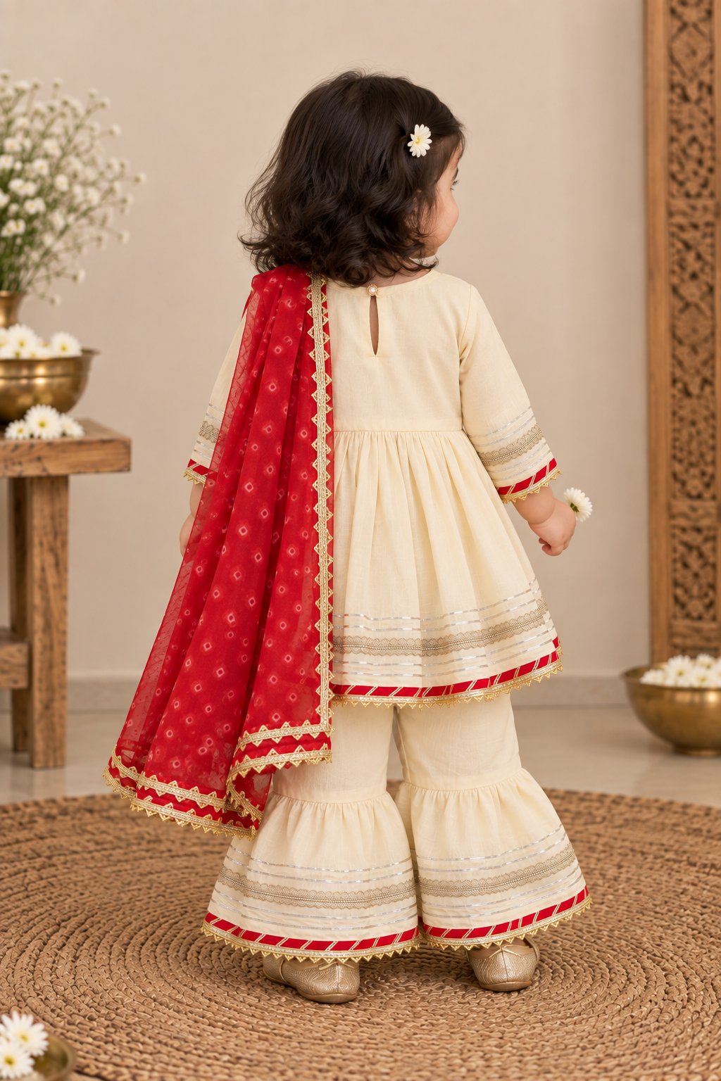 Girls Ivory & Red 100% Cotton Kurti with Sharara & Dupatta
