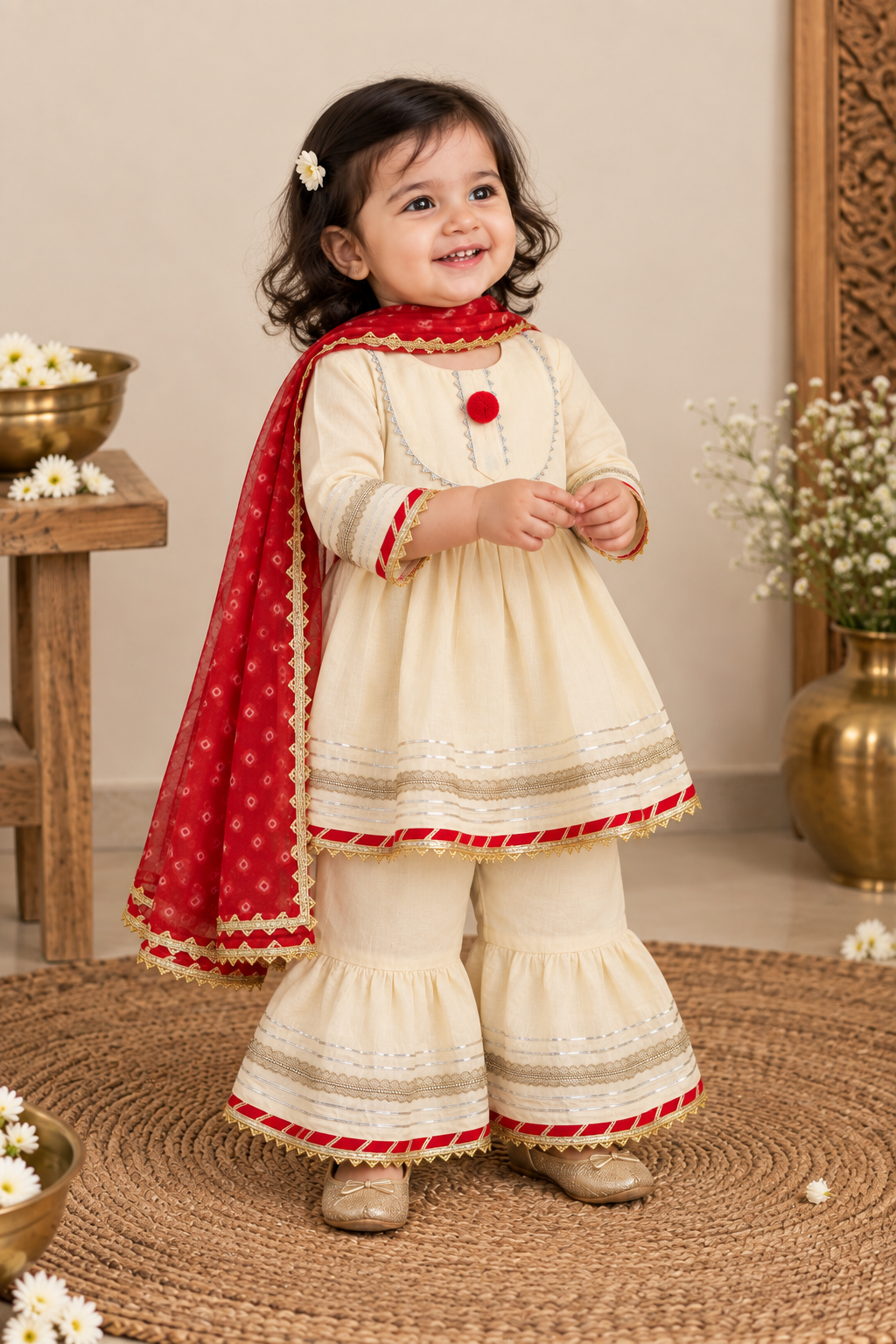 Girls Ivory & Red 100% Cotton Kurti with Sharara & Dupatta
