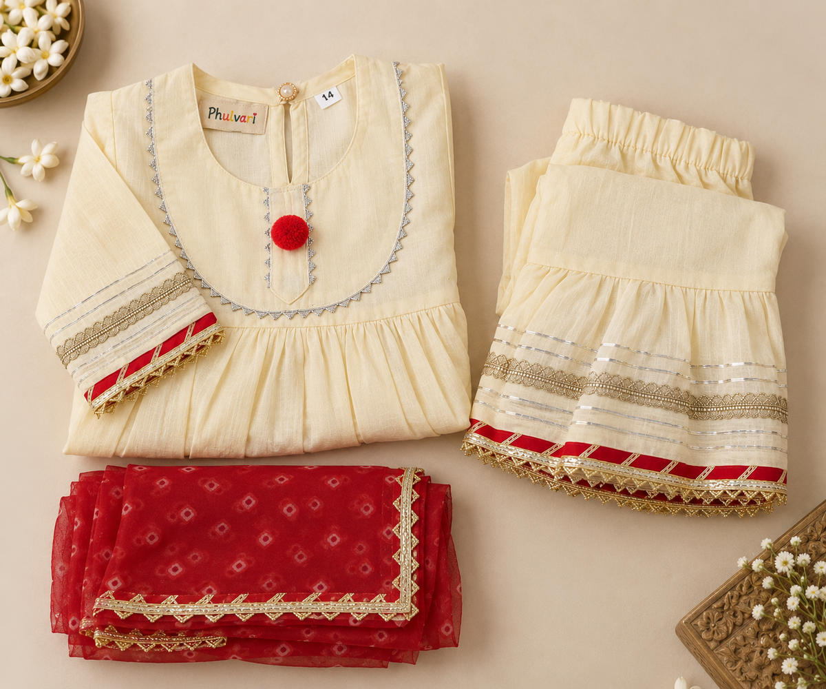 Girls Ivory & Red 100% Cotton Kurti with Sharara & Dupatta