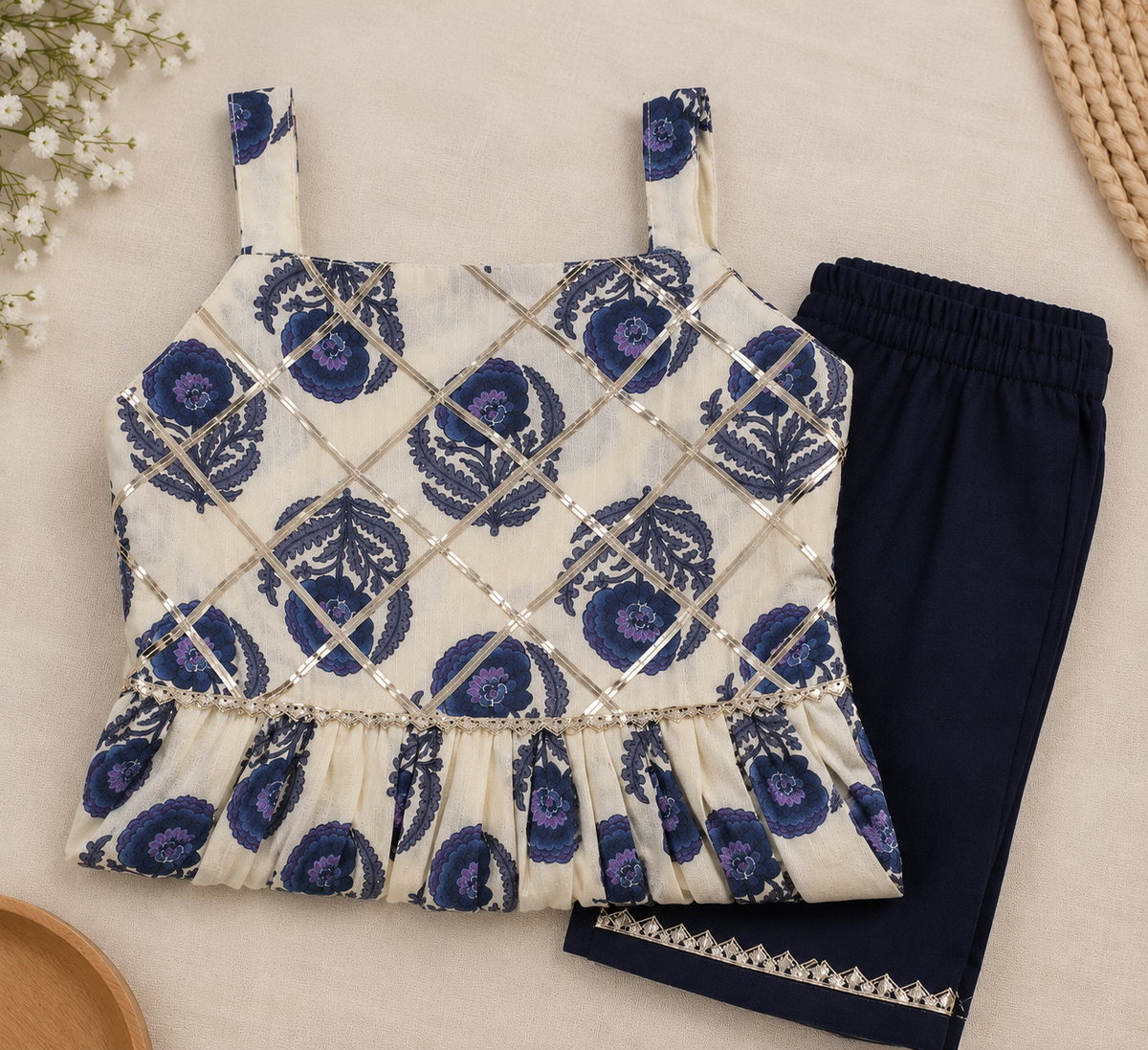 Ivory & Navy Floral Cotton Set