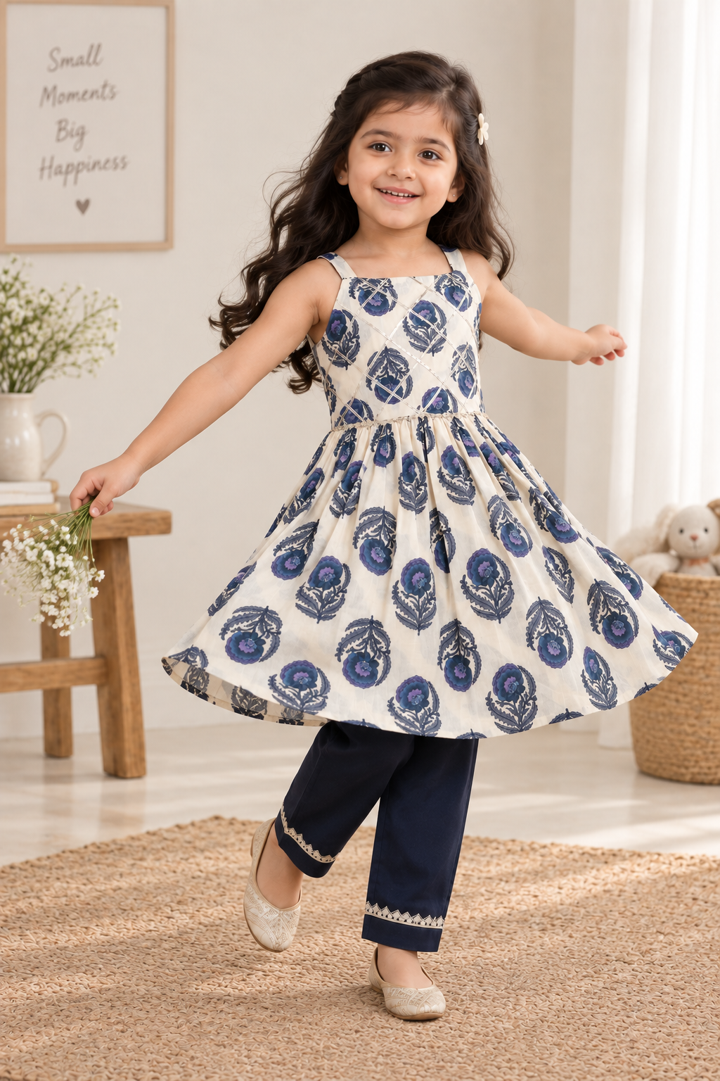 Ivory & Navy Floral Cotton Set