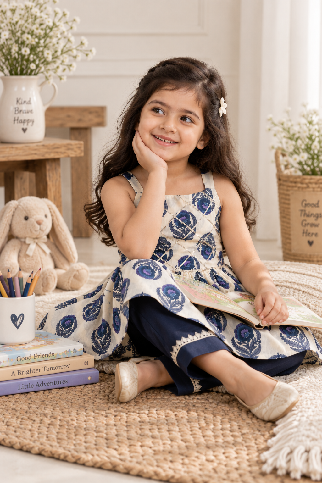 Ivory & Navy Floral Cotton Set