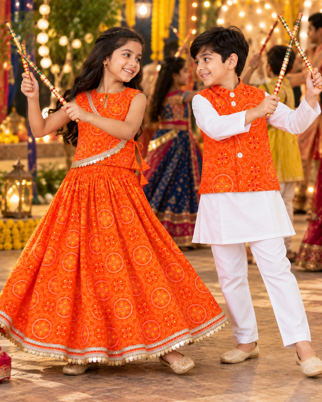 Kesariya Bandhani Sibling Lehenga & Kurta Jacket Set