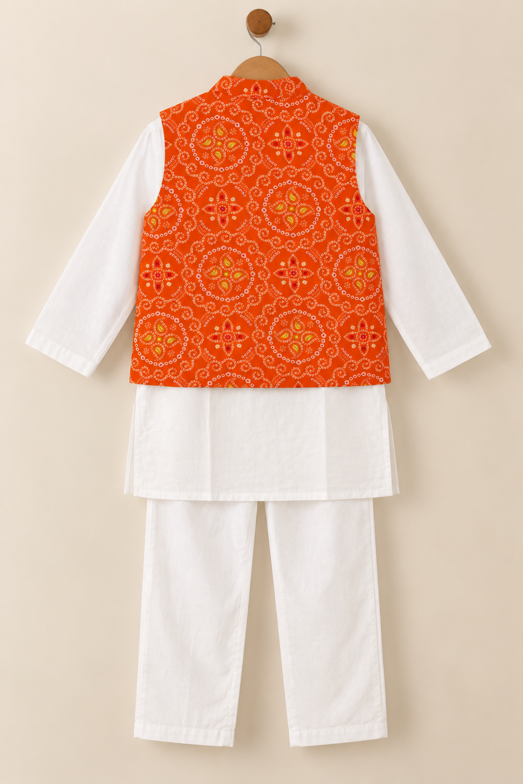 Boys Bandhani Print 100% Cotton Kurta with Pyjamas & Nehru Jacket