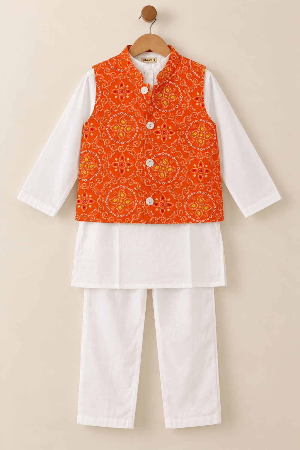 Boys Bandhani Print 100% Cotton Kurta with Pyjamas & Nehru Jacket