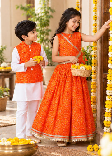 Kesariya Bandhani Sibling Lehenga & Kurta Jacket Set