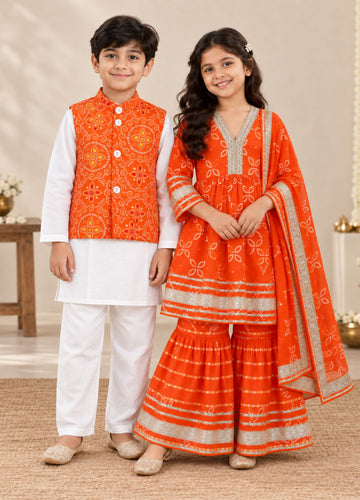 Kesariya Bandhani Sibling Set