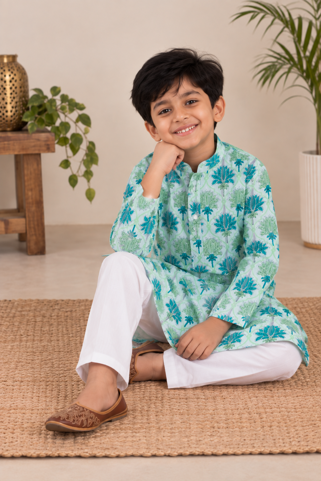 Boys Floral Printed 100% Cotton Kurta with Trousers