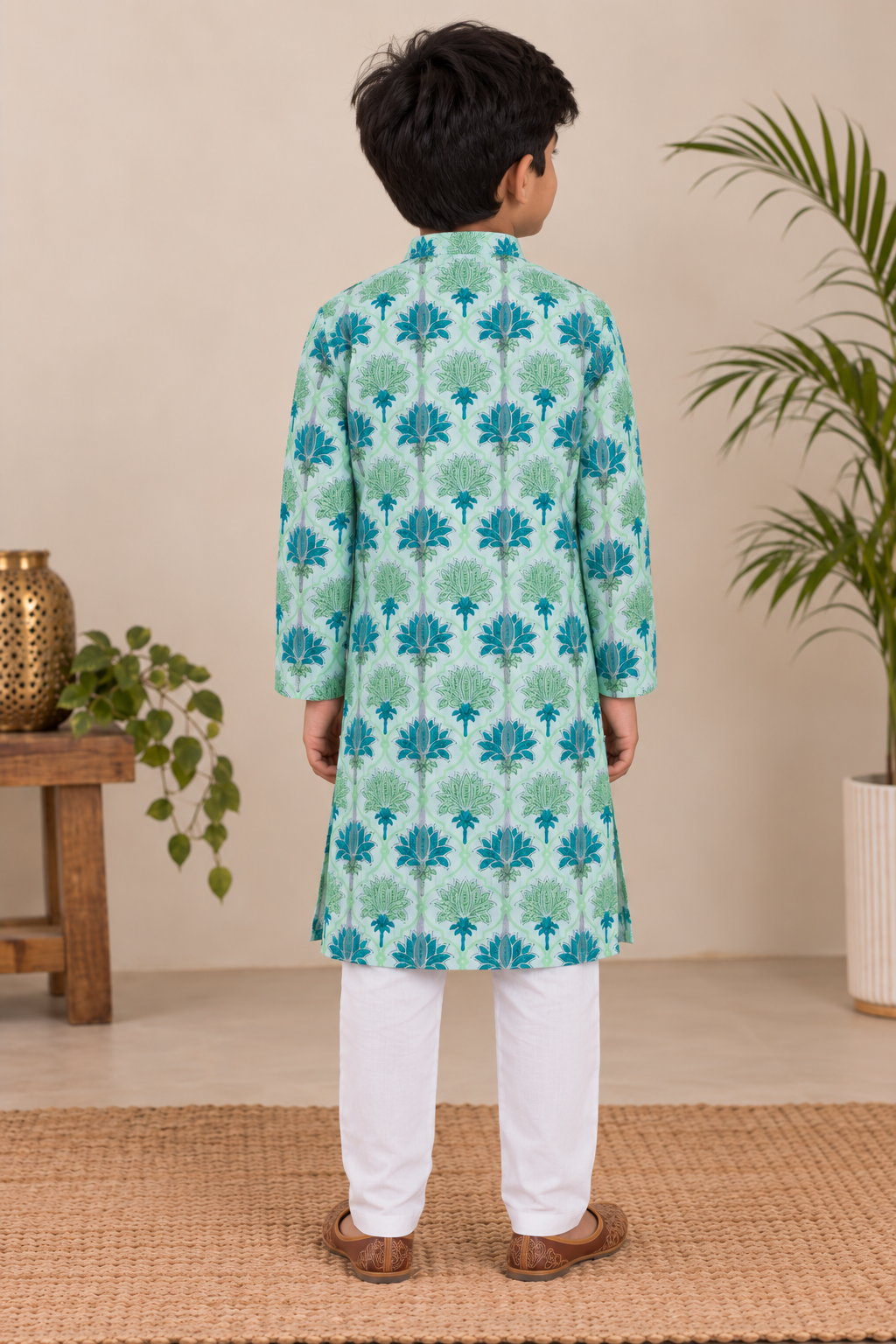 Boys Floral Printed 100% Cotton Kurta with Trousers