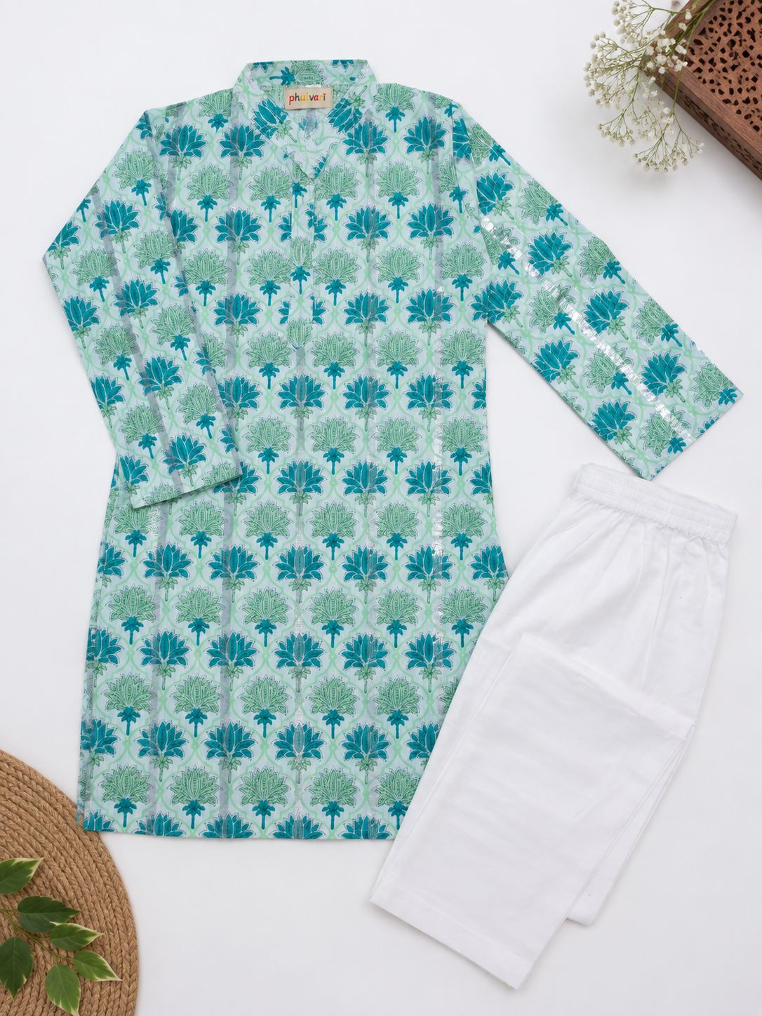 Boys Floral Printed 100% Cotton Kurta with Trousers