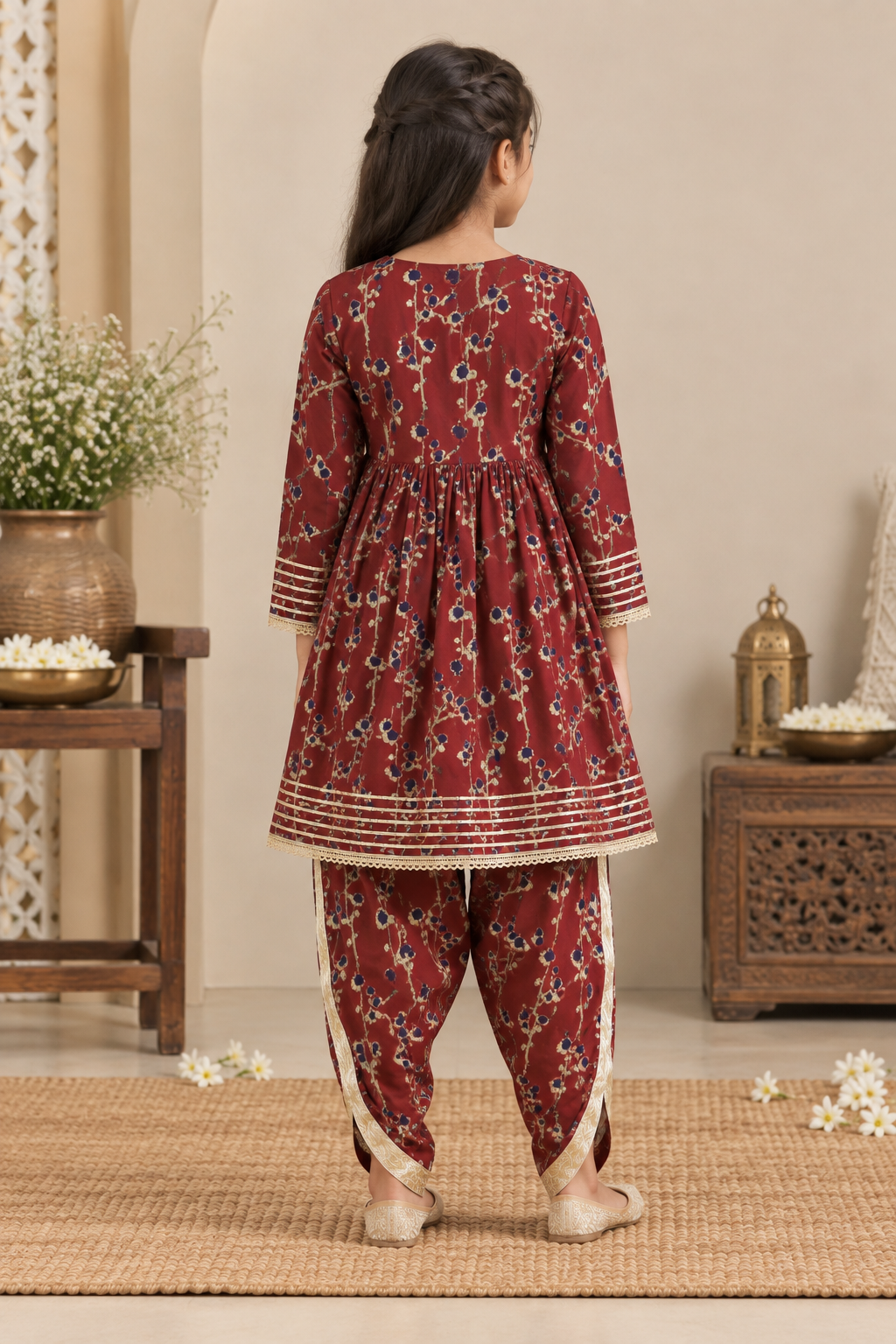 Girls Floral Printed 100% Cotton Kurti with Dhoti