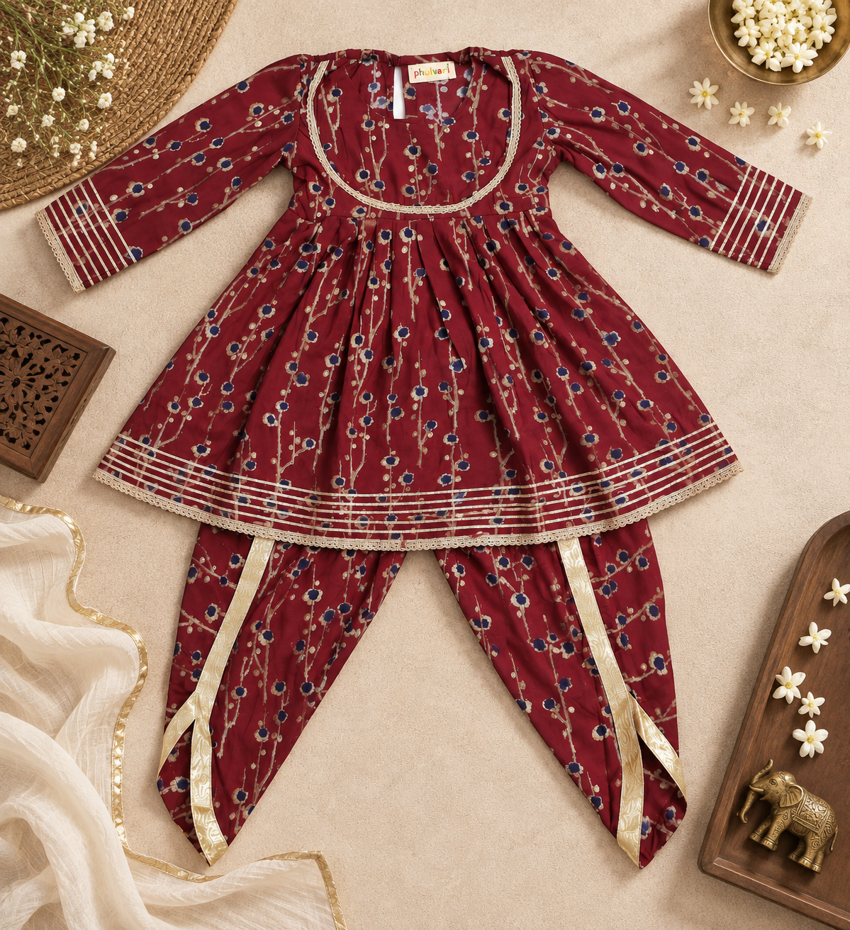 Girls Floral Printed 100% Cotton Kurti with Dhoti