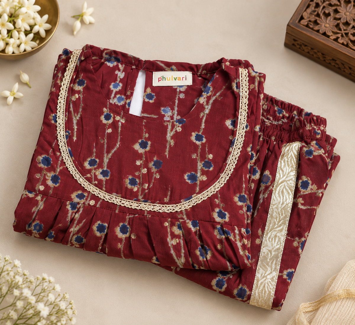 Girls Floral Printed 100% Cotton Kurti with Dhoti