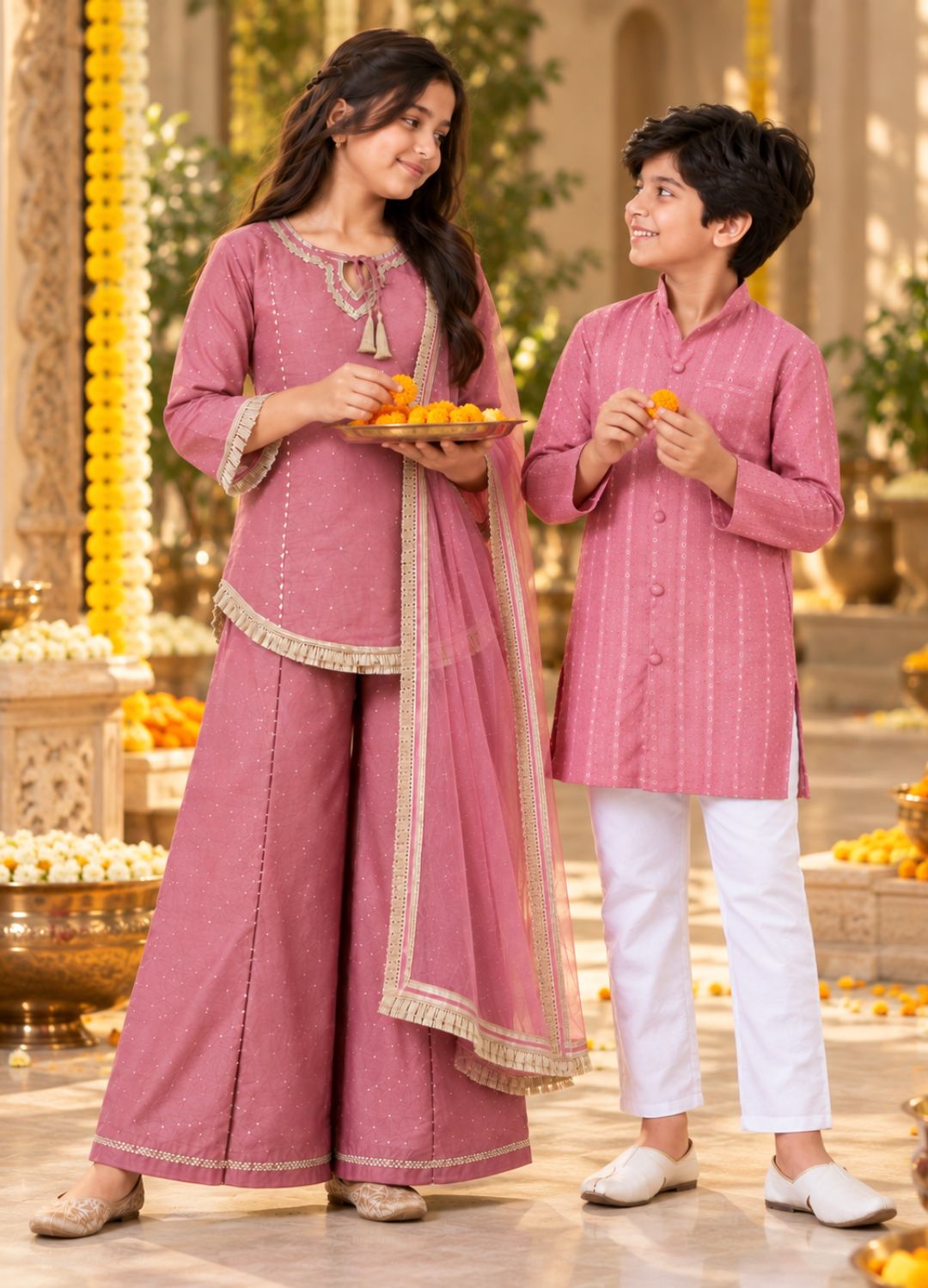Mauve Sibling Sharara & Kurta Pyjama Festive Set for Kids