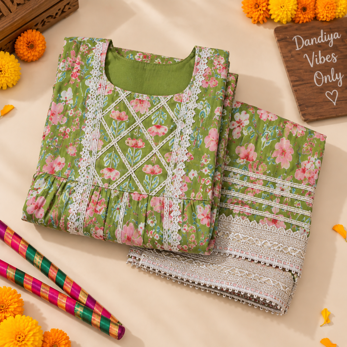 Girls Floral Printed 100% Cotton Kurti with Sharara