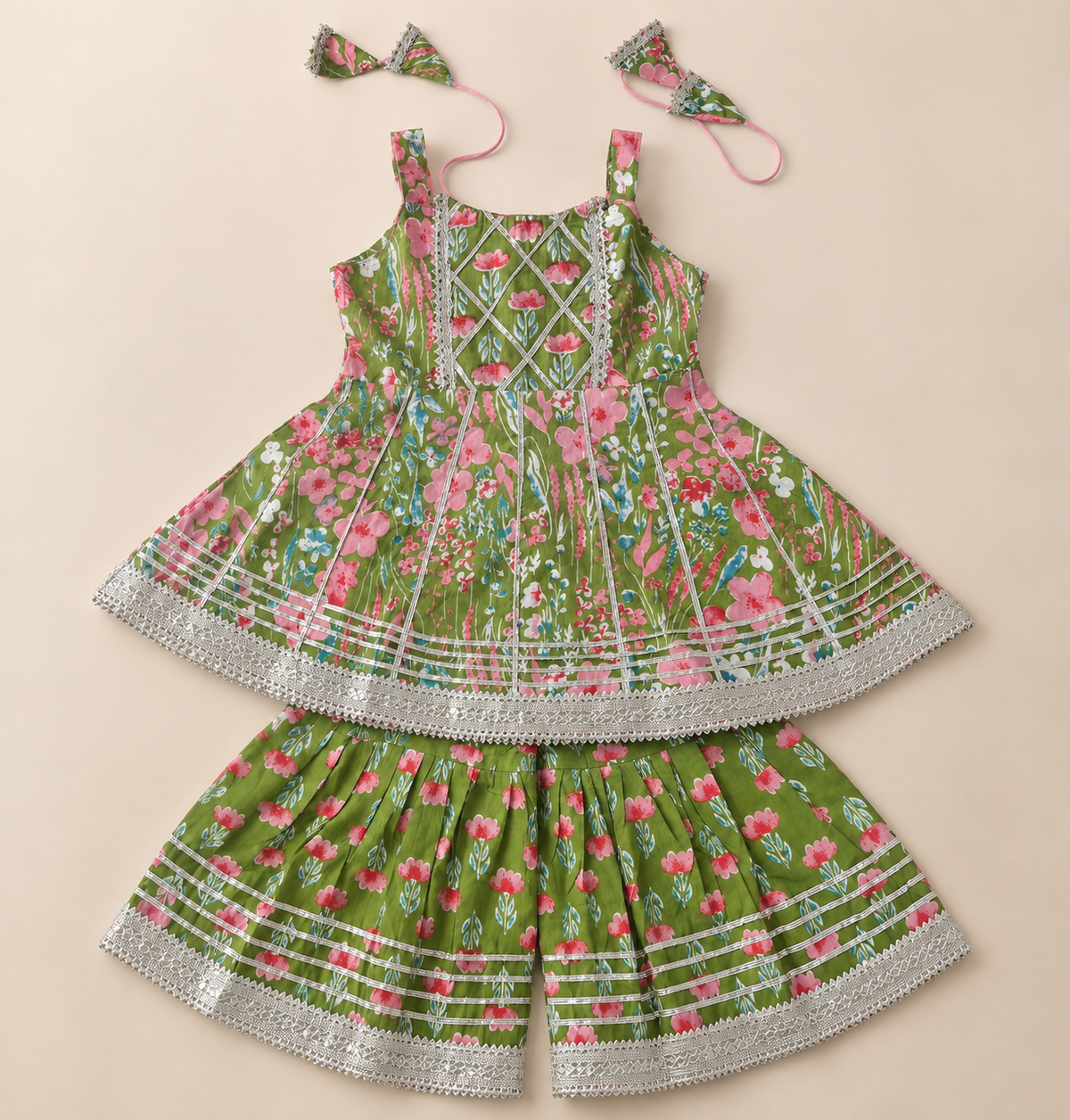 Girls Floral Printed 100% Cotton Kurti with Sharara
