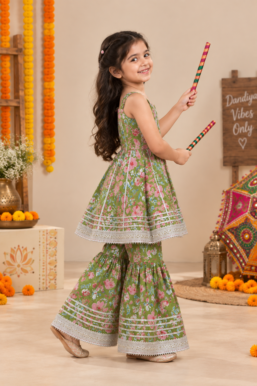 Girls Floral Printed 100% Cotton Kurti with Sharara