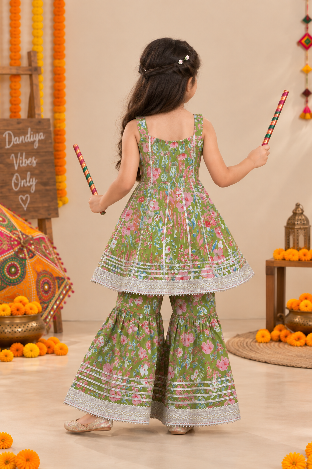 Girls Floral Printed 100% Cotton Kurti with Sharara