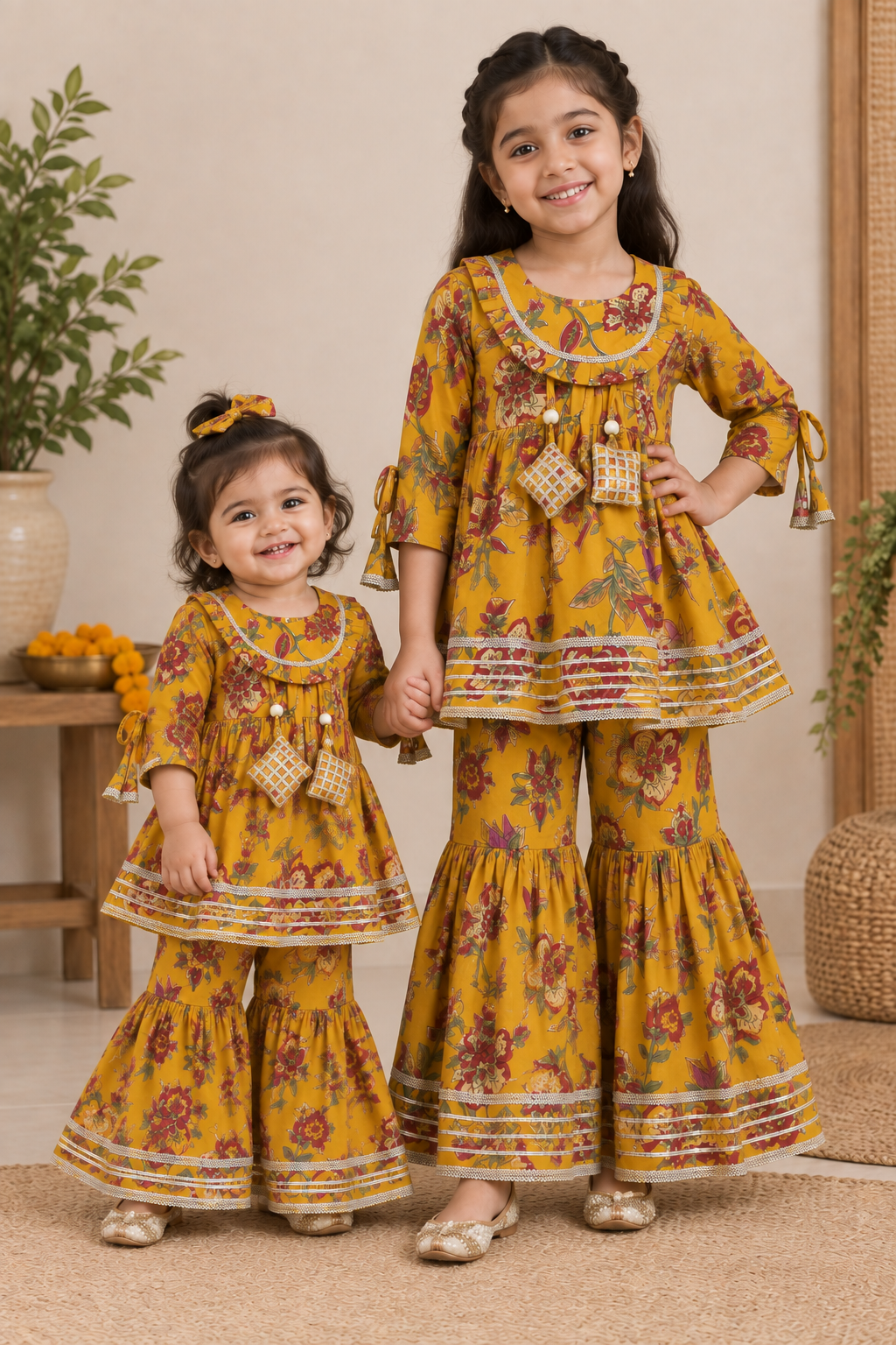 Girls Floral Printed 100% Cotton Kurti with Sharara