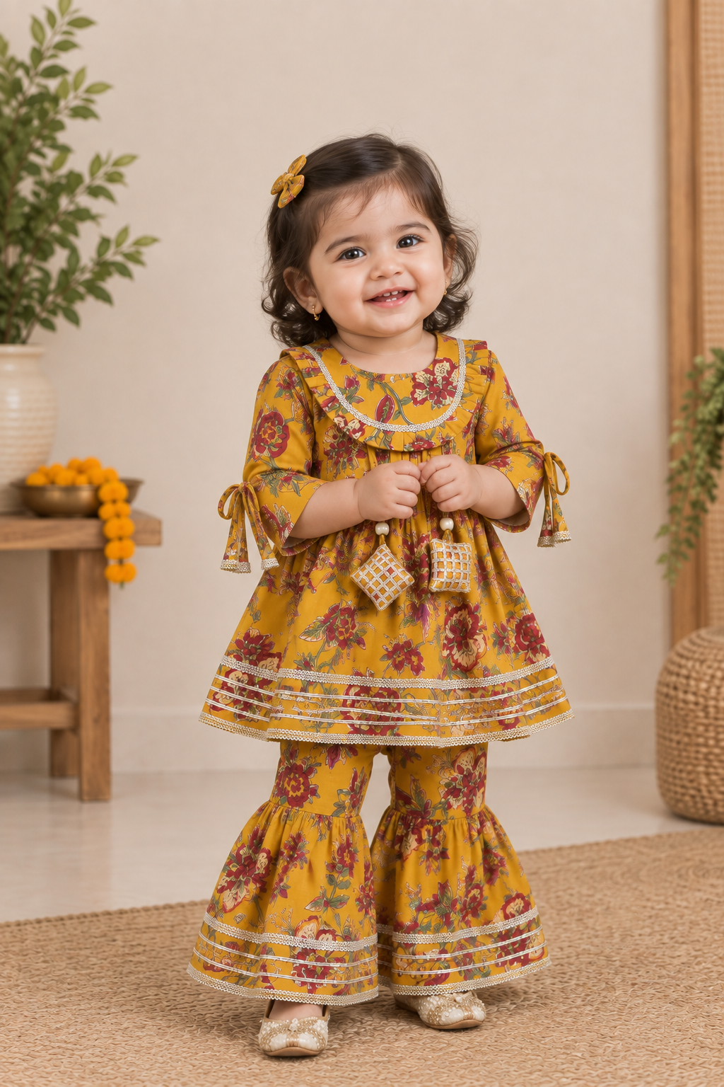Girls Floral Printed 100% Cotton Kurti with Sharara