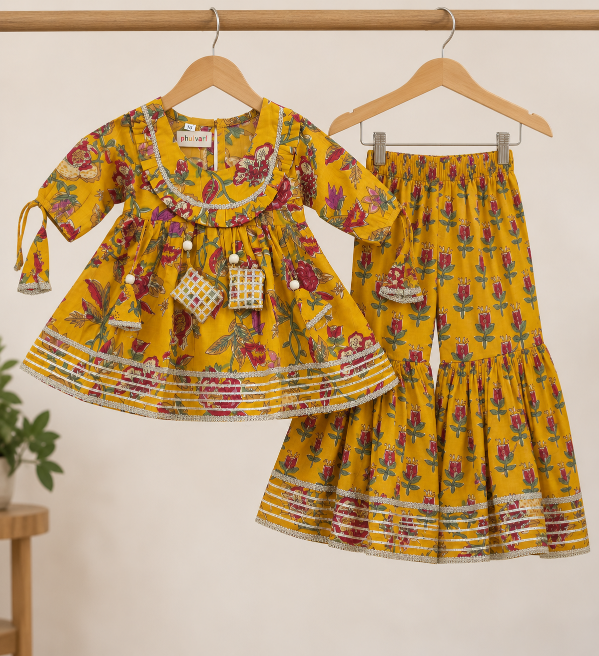 Girls Floral Printed 100% Cotton Kurti with Sharara