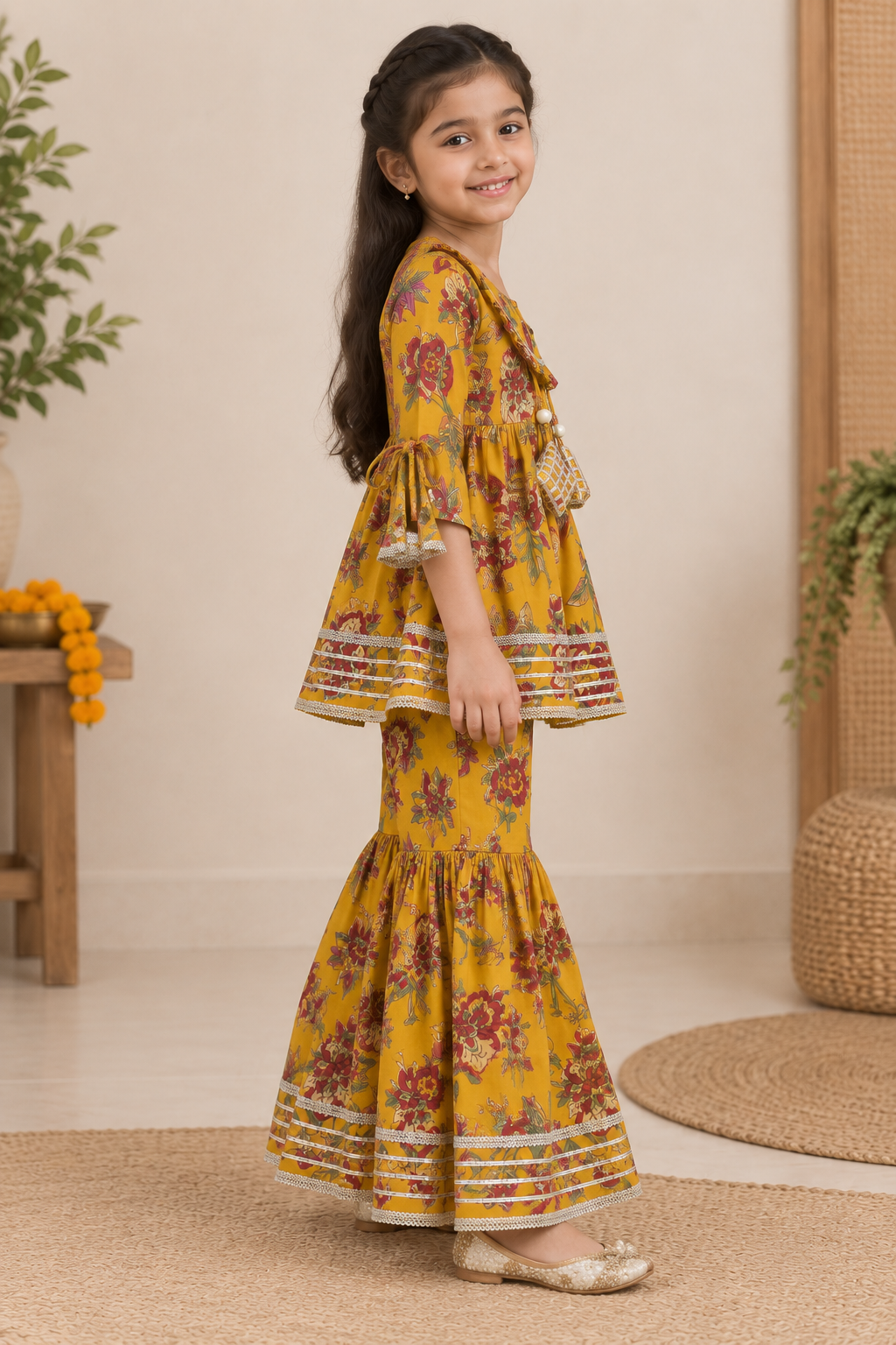 Girls Floral Printed 100% Cotton Kurti with Sharara