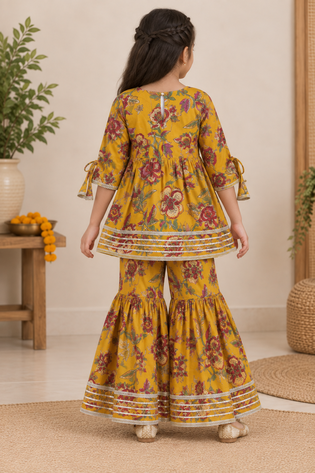 Girls Floral Printed 100% Cotton Kurti with Sharara