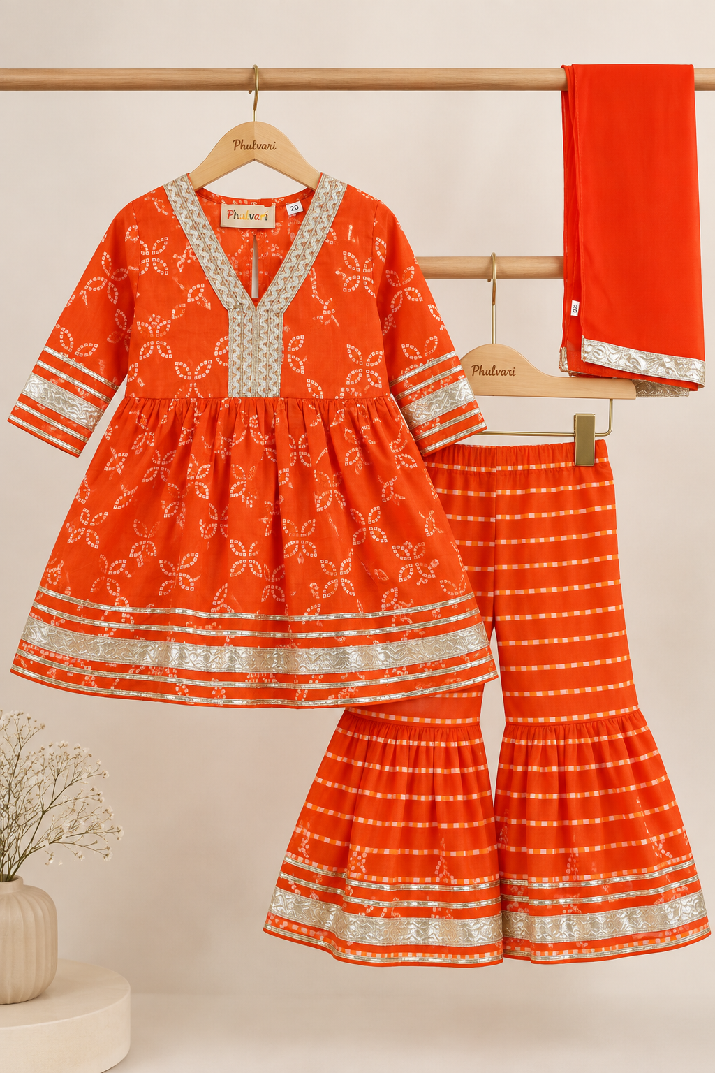 Girls Bandhani Printed 100% Cotton Kurta with Sharara & Dupatta