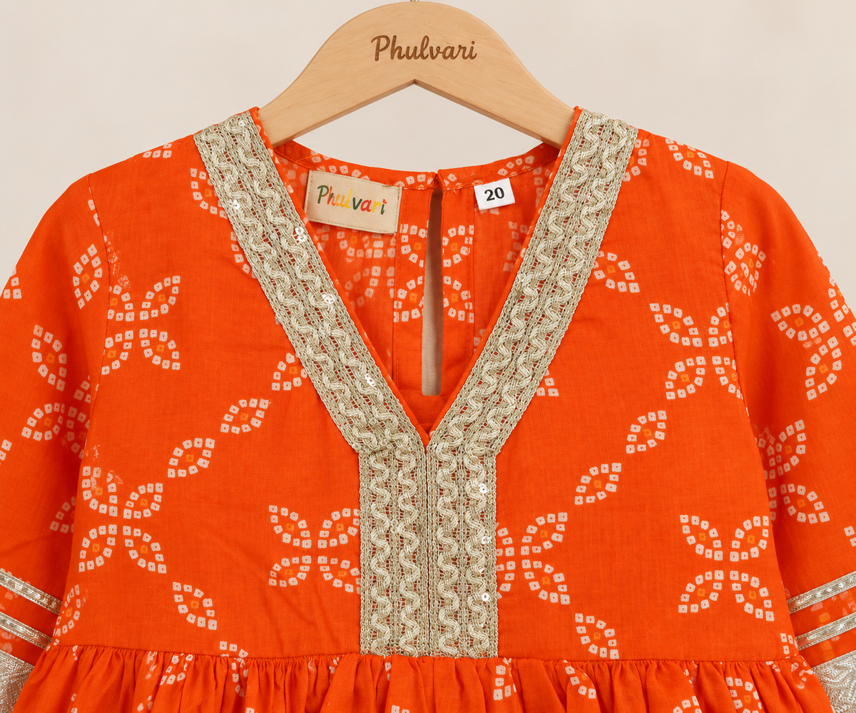 Girls Bandhani Printed 100% Cotton Kurta with Sharara & Dupatta