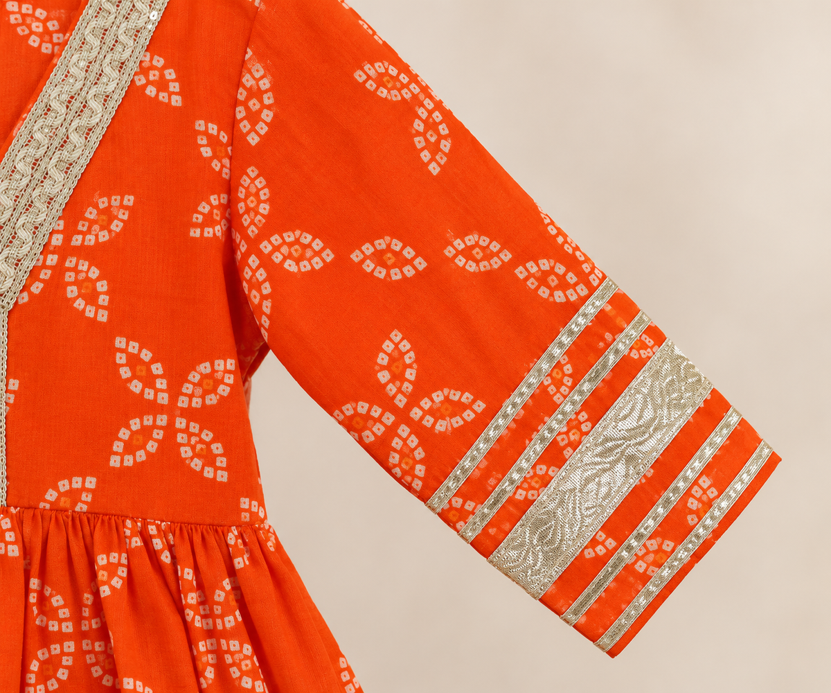 Girls Bandhani Printed 100% Cotton Kurta with Sharara & Dupatta