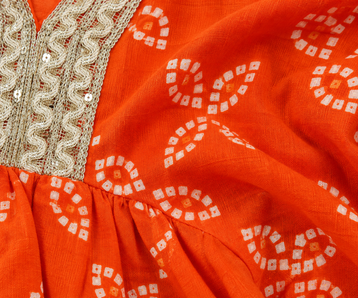 Girls Bandhani Printed 100% Cotton Kurta with Sharara & Dupatta