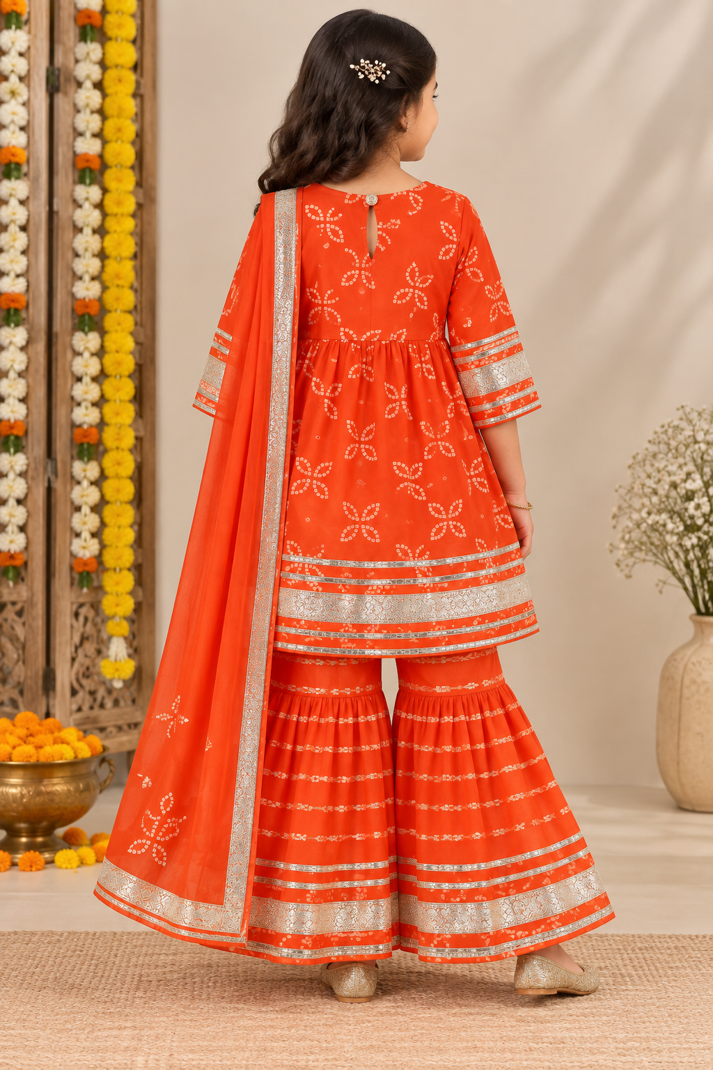 Girls Bandhani Printed 100% Cotton Kurta with Sharara & Dupatta