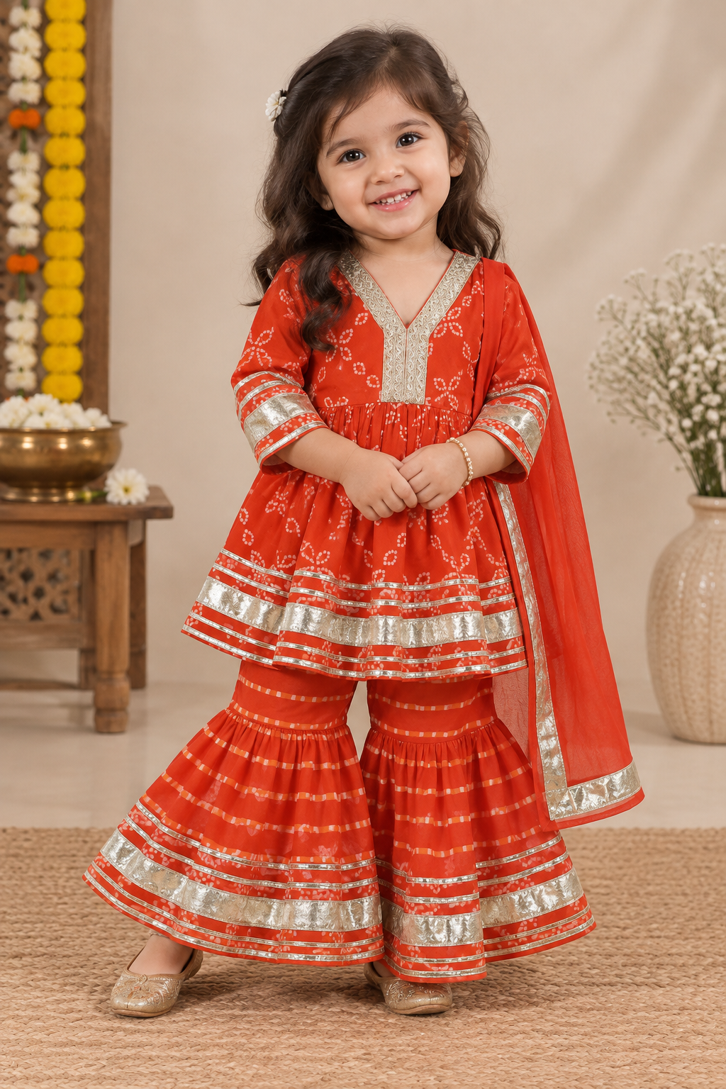 Girls Bandhani Printed 100% Cotton Kurta with Sharara & Dupatta