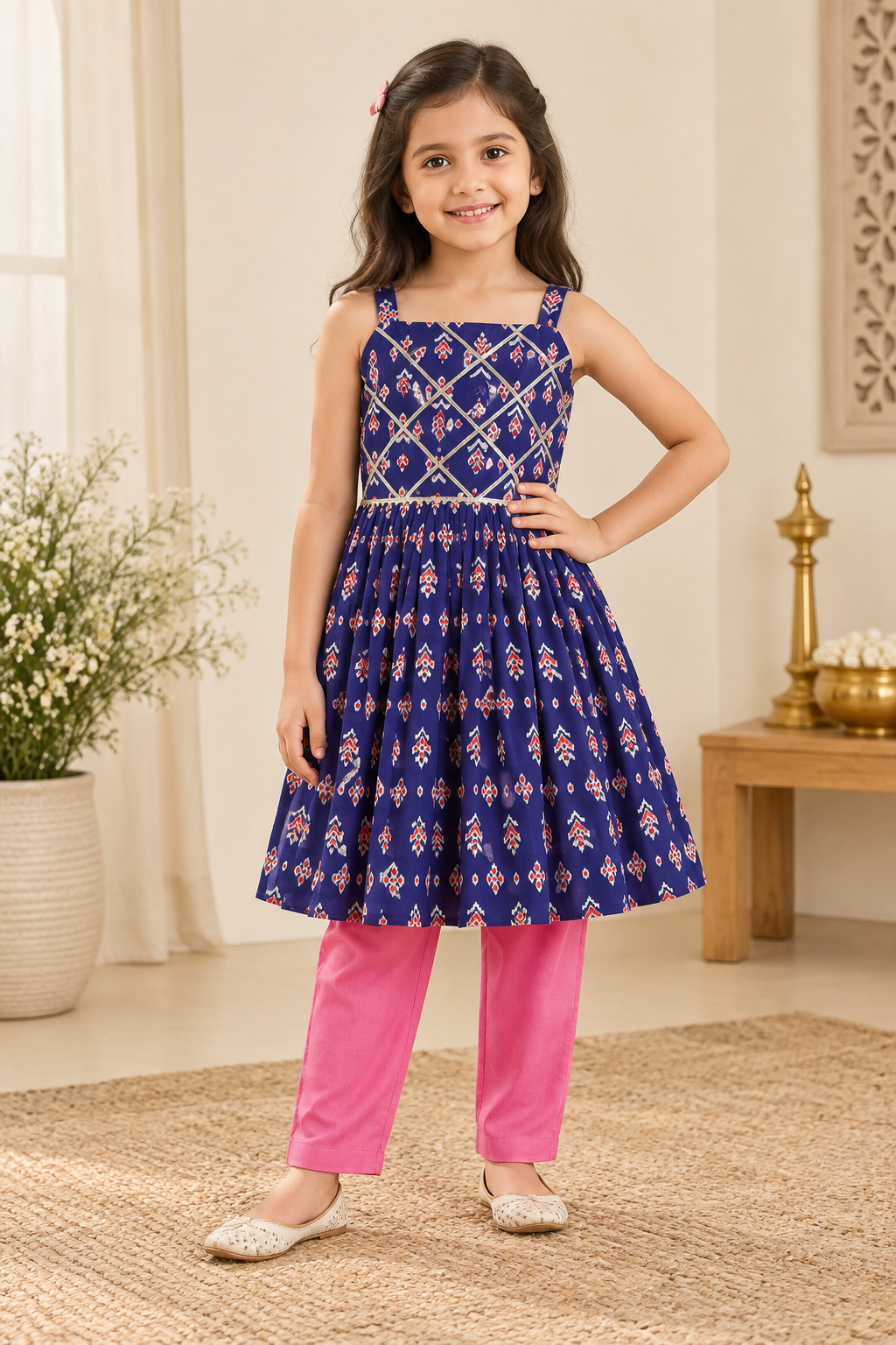 Girls Ikat-Inspired Printed 100% Cotton Dress Kurti with Pink Pants