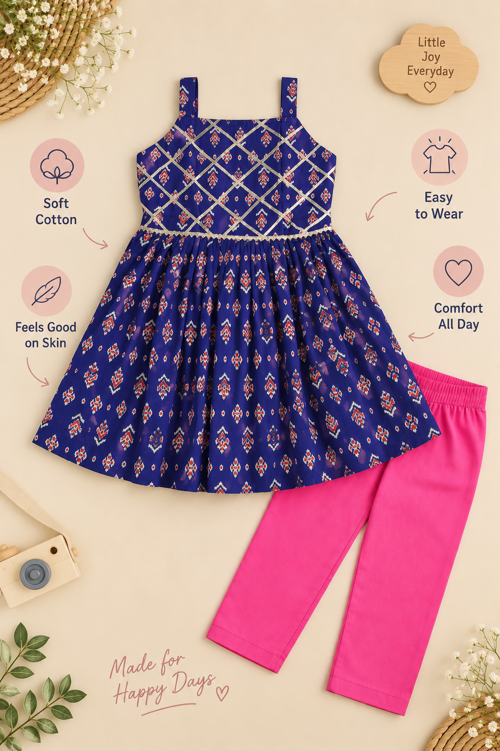 Girls Ikat-Inspired Printed 100% Cotton Dress Kurti with Pink Pants