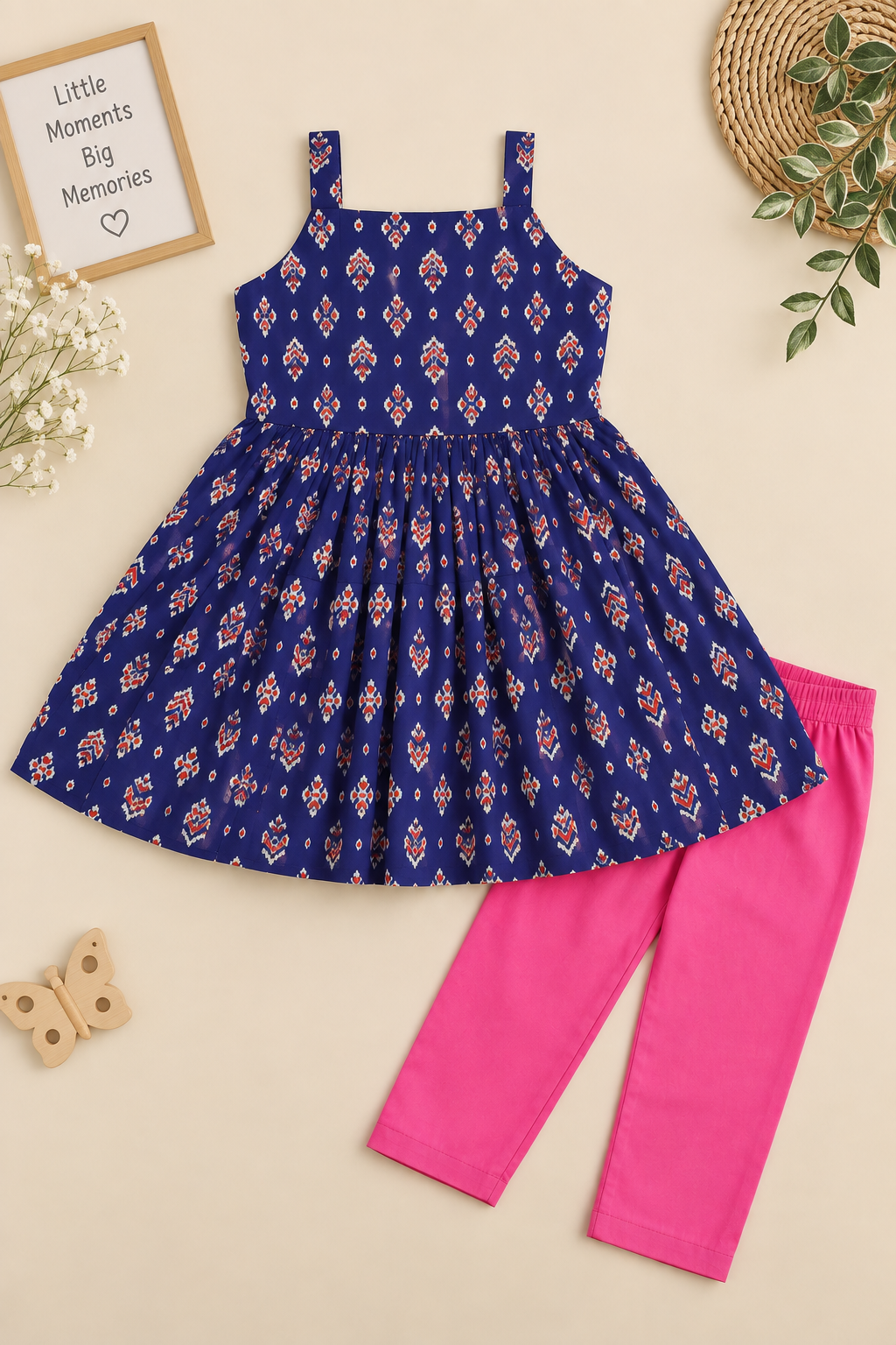 Girls Ikat-Inspired Printed 100% Cotton Dress Kurti with Pink Pants