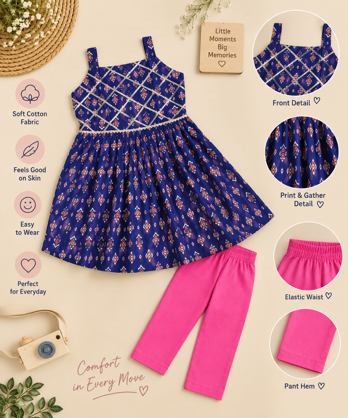 Girls Ikat-Inspired Printed 100% Cotton Dress Kurti with Pink Pants