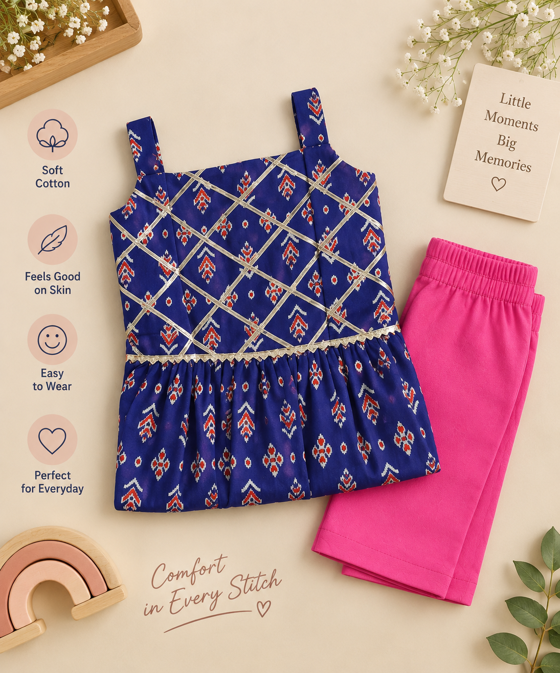 Girls Ikat-Inspired Printed 100% Cotton Dress Kurti with Pink Pants