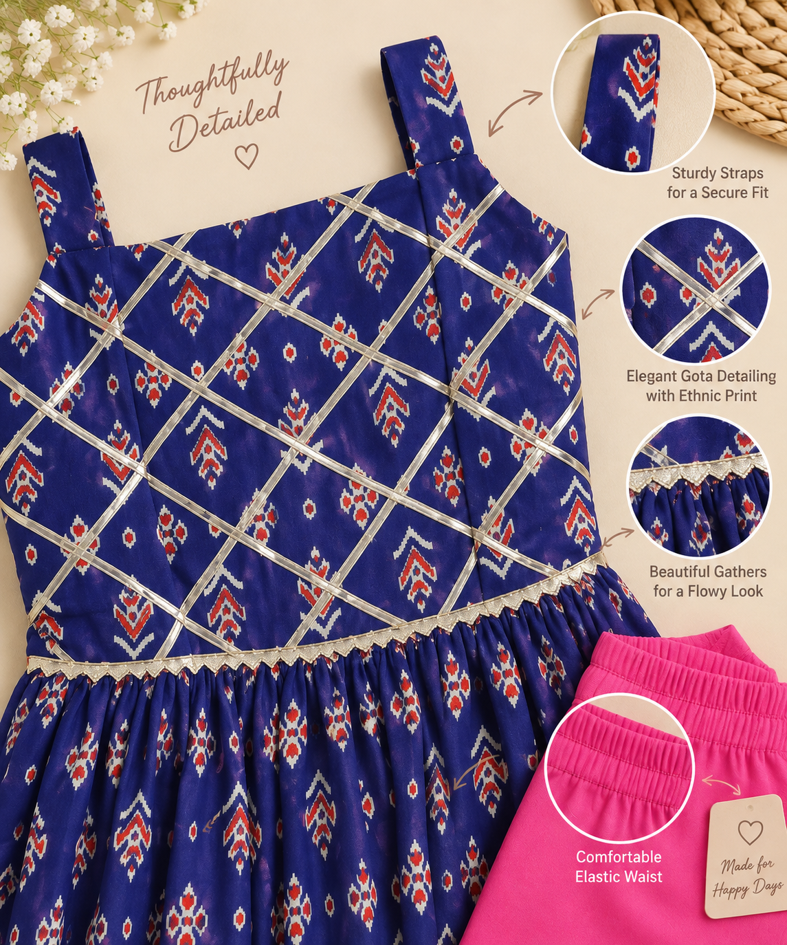 Girls Ikat-Inspired Printed 100% Cotton Dress Kurti with Pink Pants