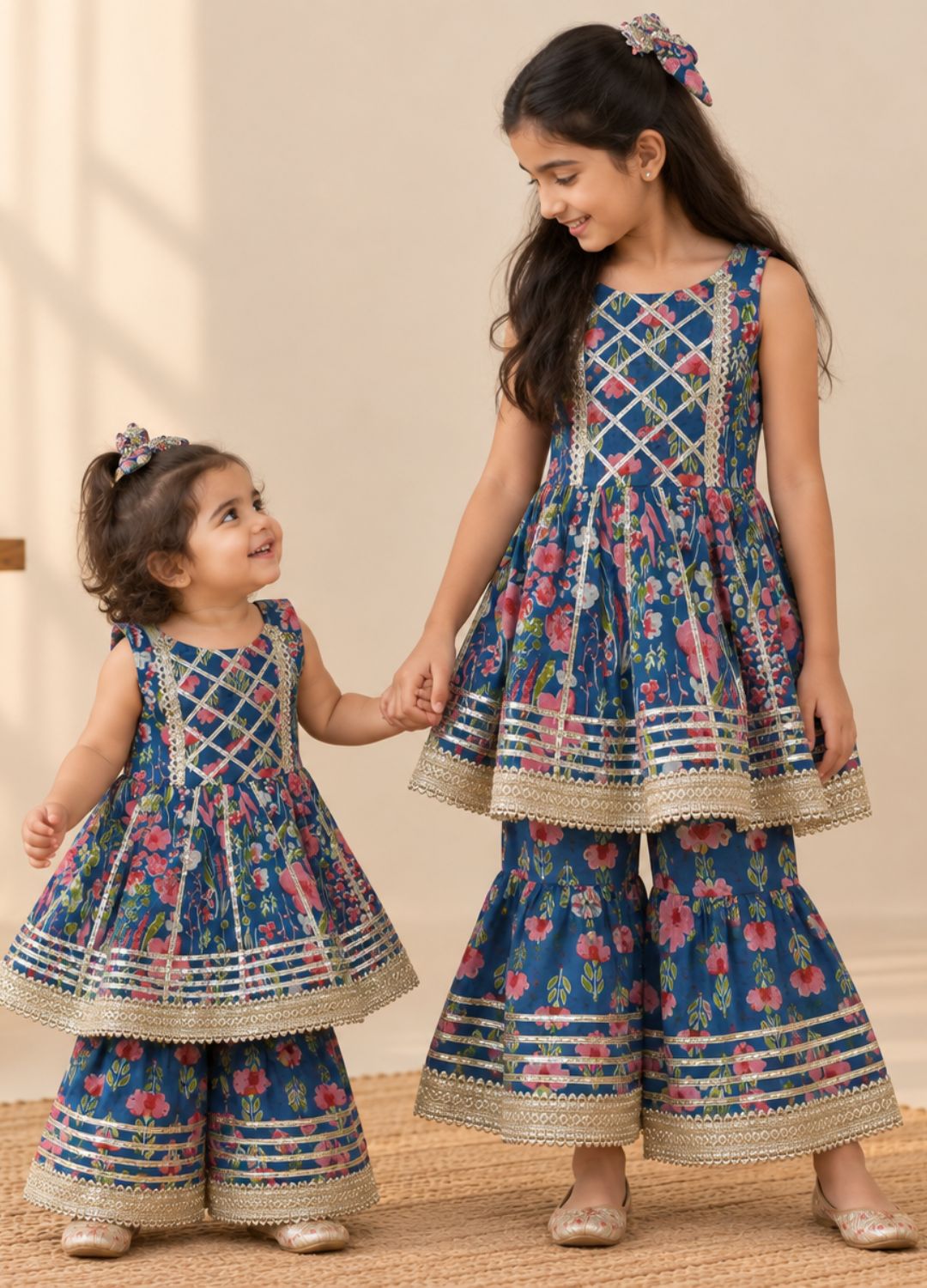 Girls Floral Printed 100% Cotton Kurti with Sharara