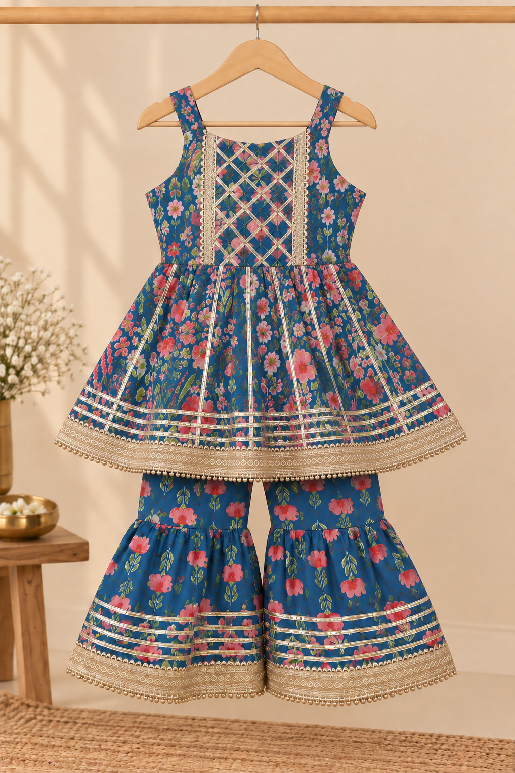 Girls Floral Printed 100% Cotton Kurti with Sharara