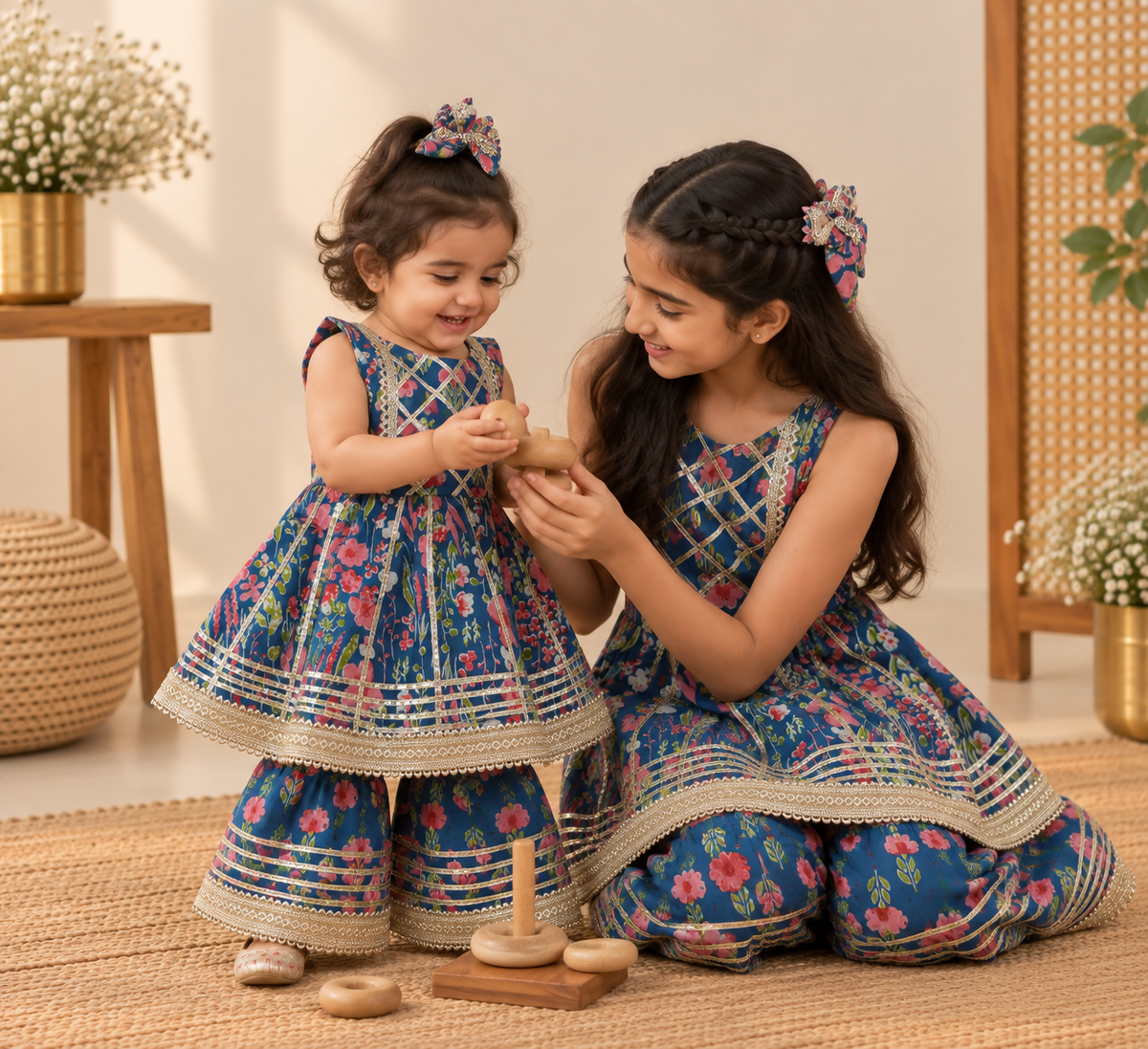 Girls Floral Printed 100% Cotton Kurti with Sharara