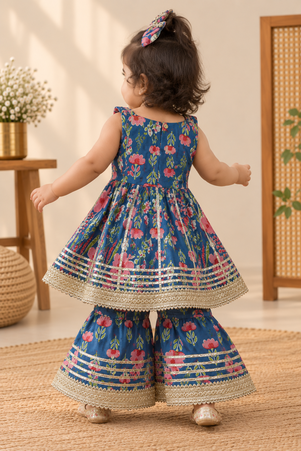 Girls Floral Printed 100% Cotton Kurti with Sharara